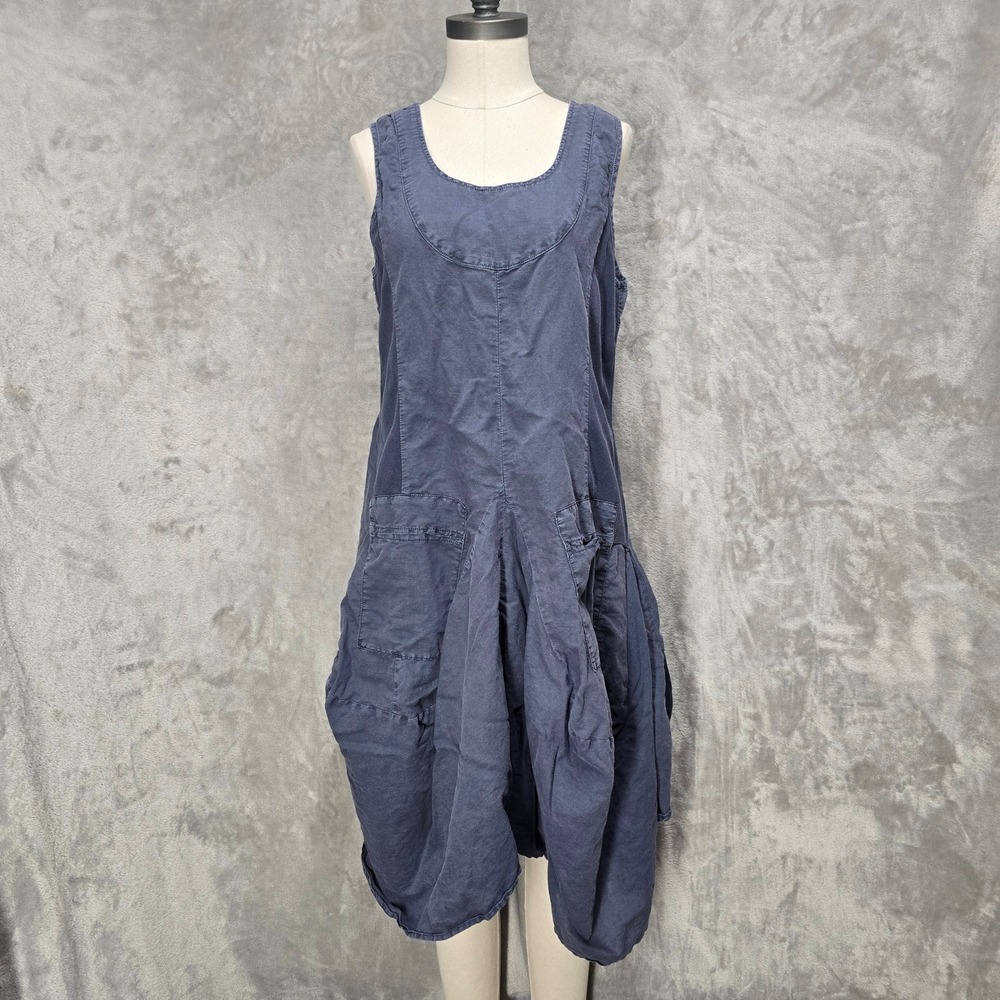 Lagenlook Dress Women Medium Blue Ramie Cotton Sleeveless Bubble Hem Artsy Boho